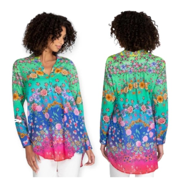 Johnny Was Tops - Johnny Was Rainbow Field Henley Popover Tunic Top Floral Size L